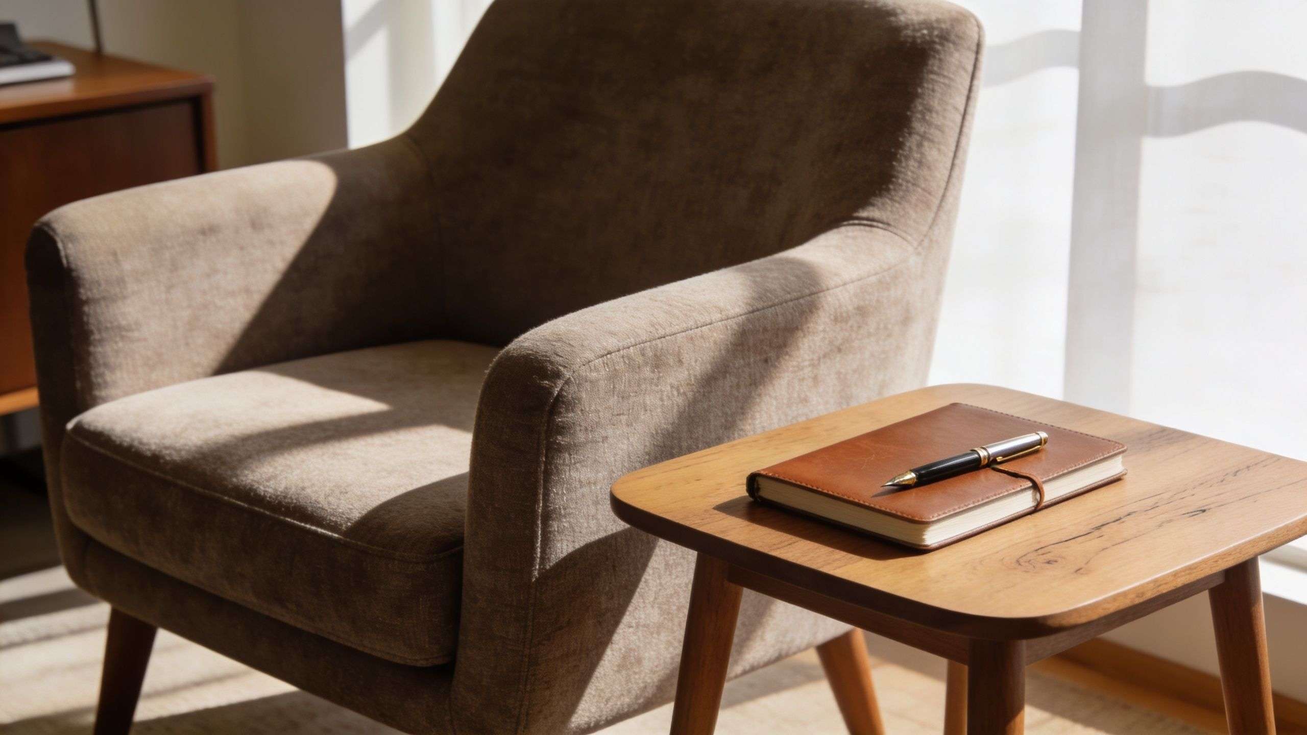 A leather-bound notebook and a fountain pen resting on a wooden side table next to a cozy armchair.