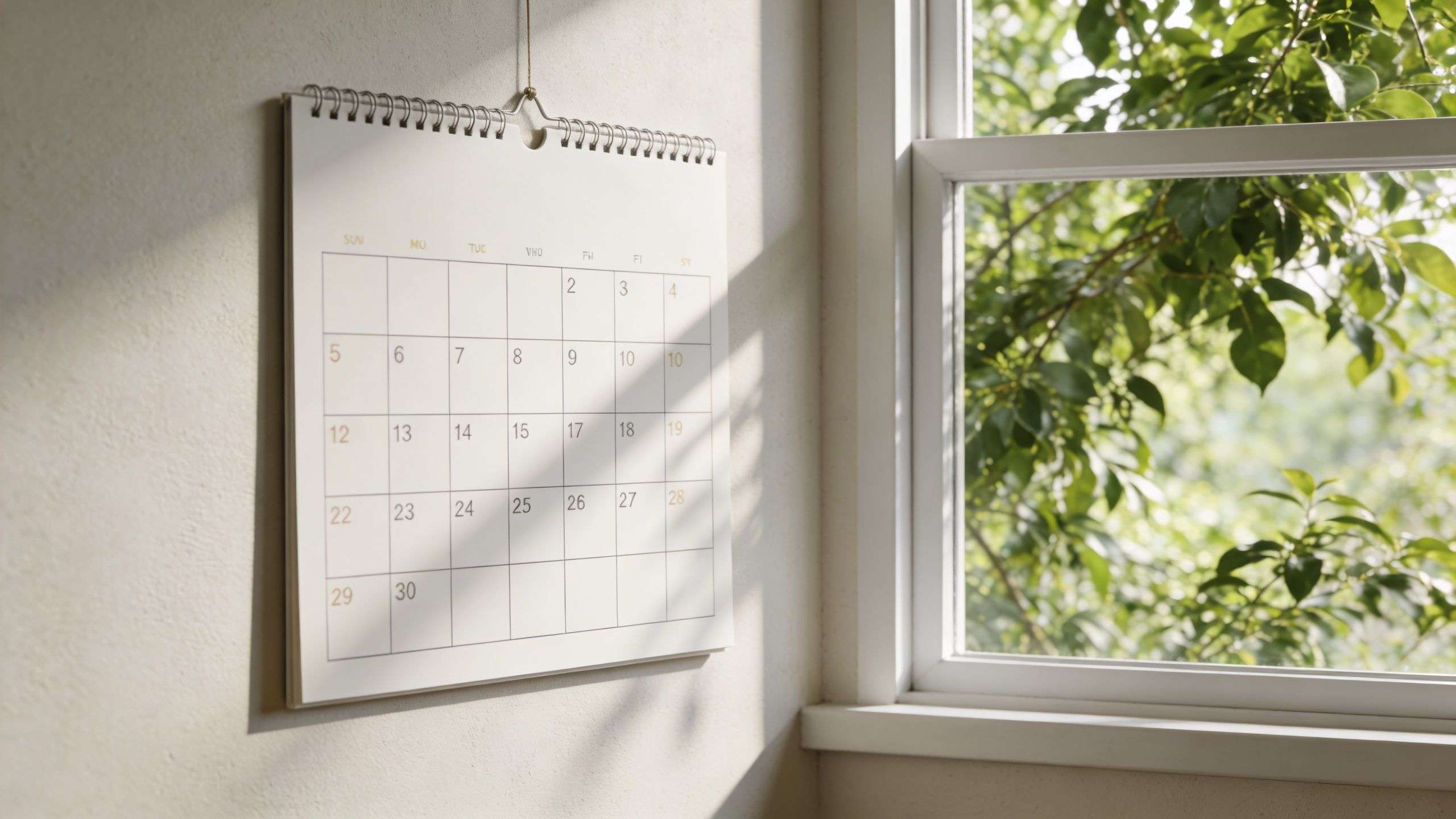 A blank wall calendar hangs next to a window with bright green leaves visible outside.