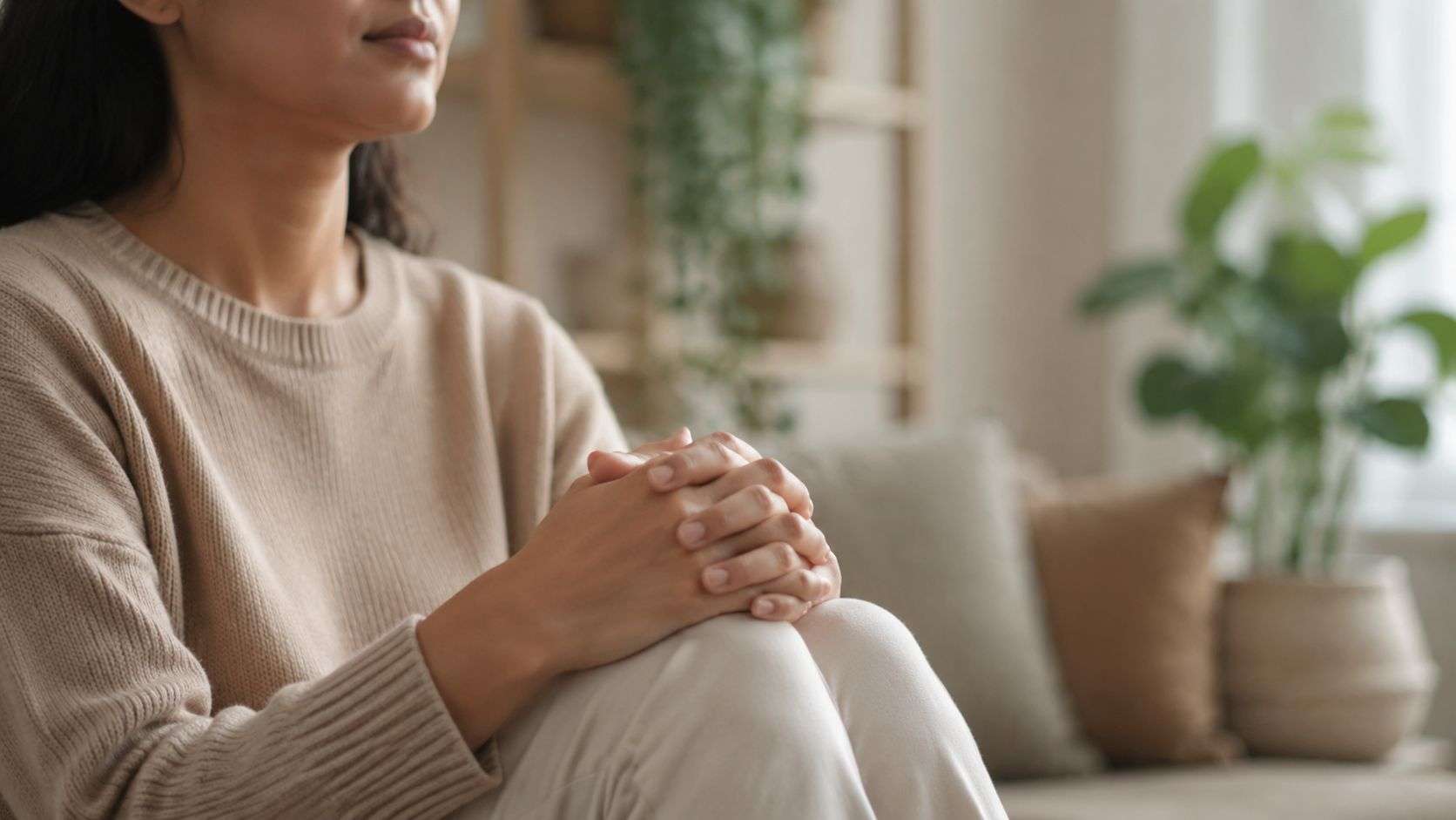 A young woman sits thoughtfully with her hands clasped together, seeking peace and emotional support.