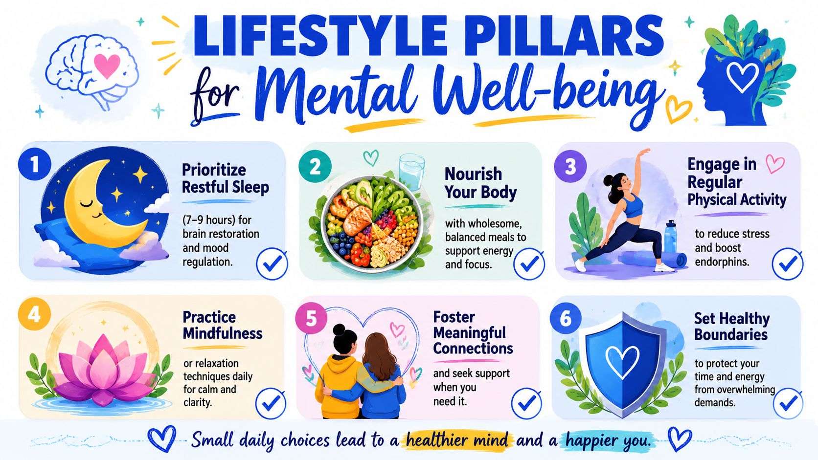 An infographic illustrating six lifestyle pillars for maintaining positive mental well-being and a healthy mind.