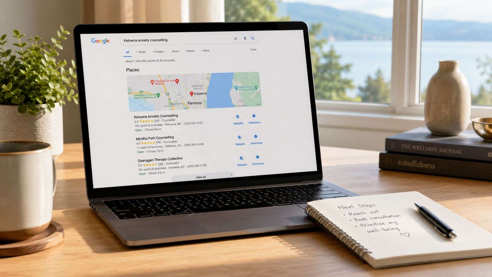 A laptop on a wooden desk displaying a Google search result for Kelowna anxiety counselling services.