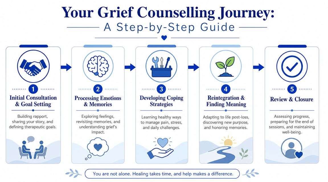 A five-step infographic guide illustrating the journey of grief counselling from initial consultation to final closure.