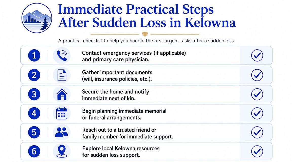 A checklist of six immediate practical steps to follow after experiencing a sudden loss in Kelowna.