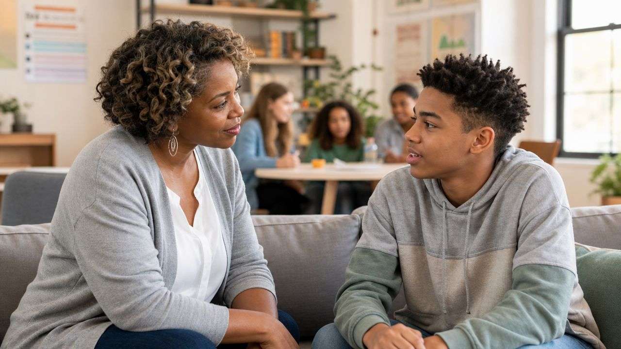 A compassionate counselor listens attentively to a young man during a supportive mental health session.