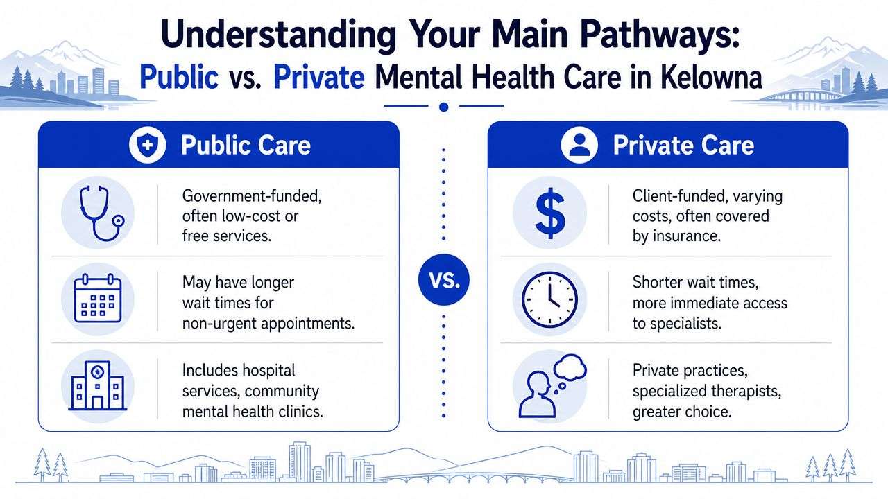 A comparison chart outlining the differences between public and private mental health care options in Kelowna.