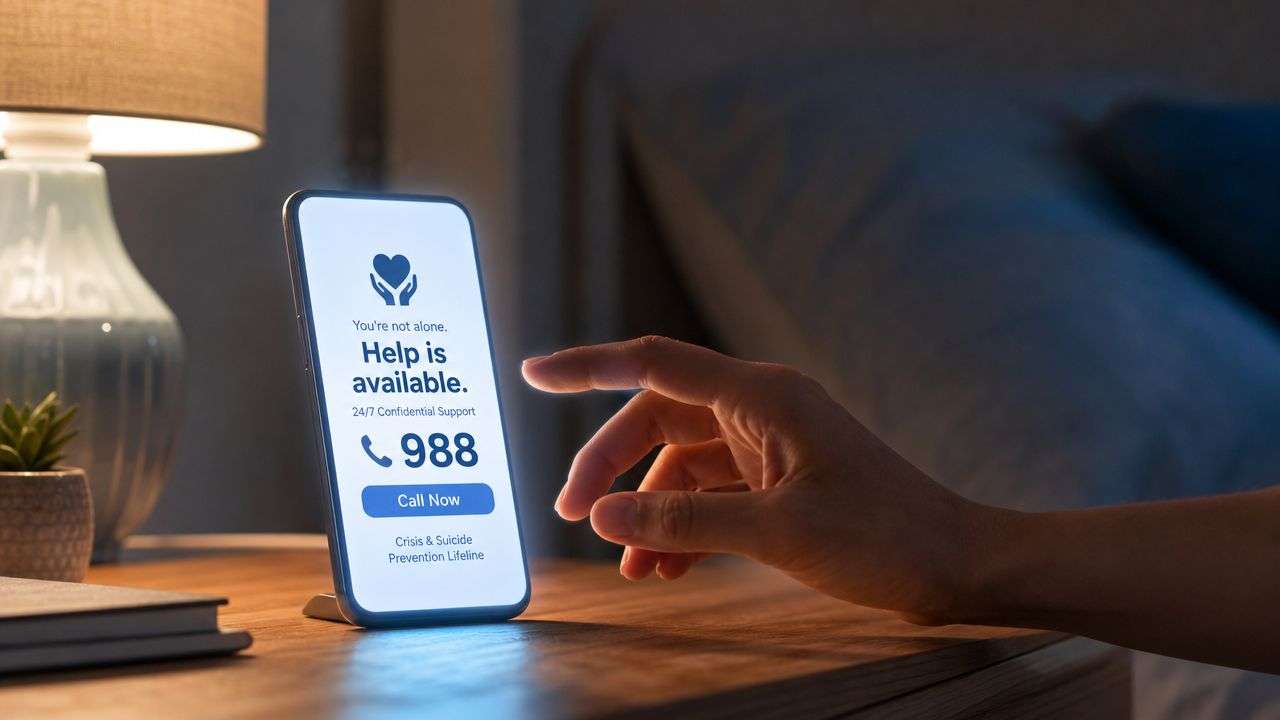 A hand reaching toward a smartphone displaying the 988 Suicide and Crisis Lifeline information at night.