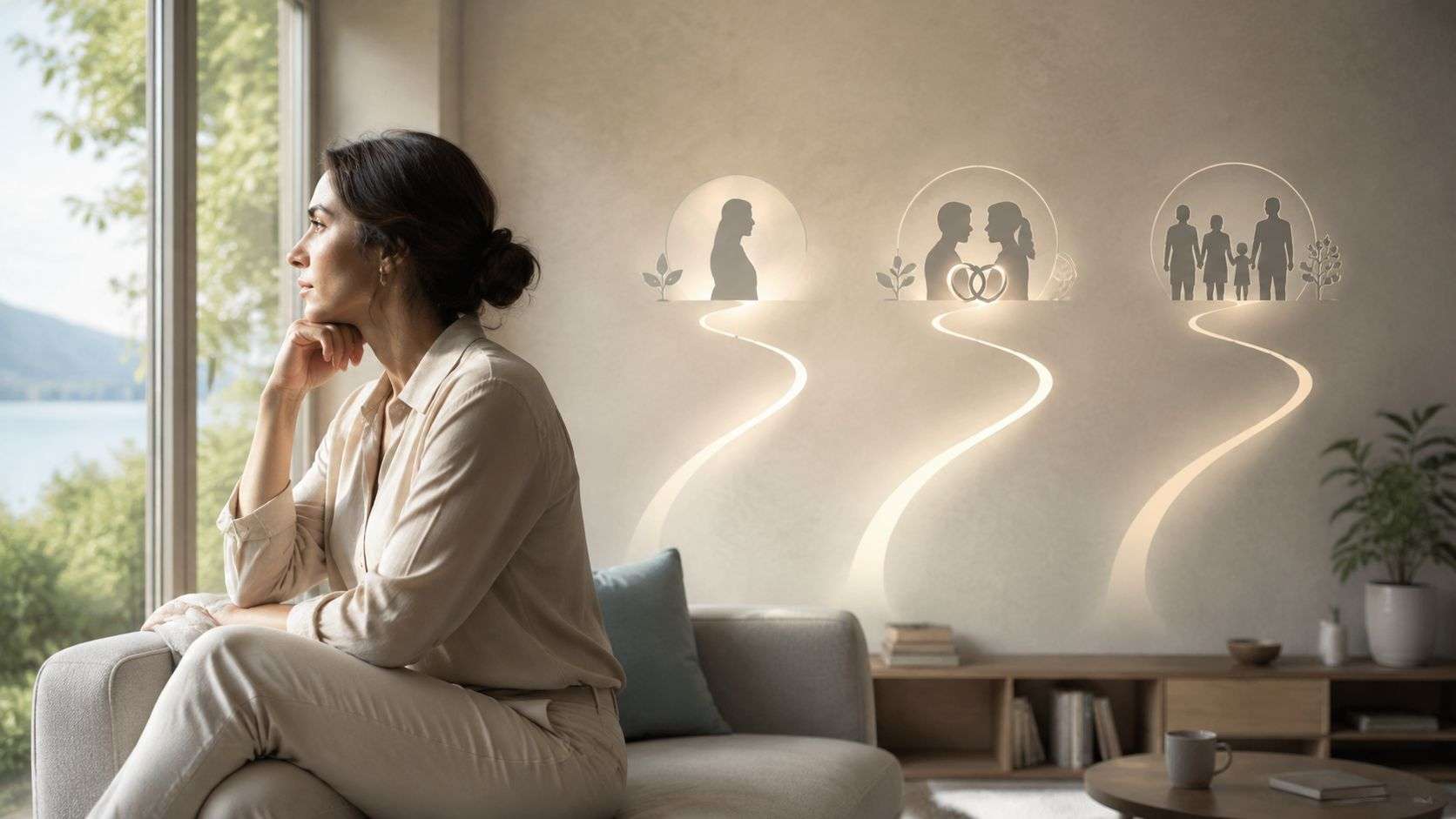 A contemplative woman sitting on a sofa looking out a window towards three glowing life stage icons.