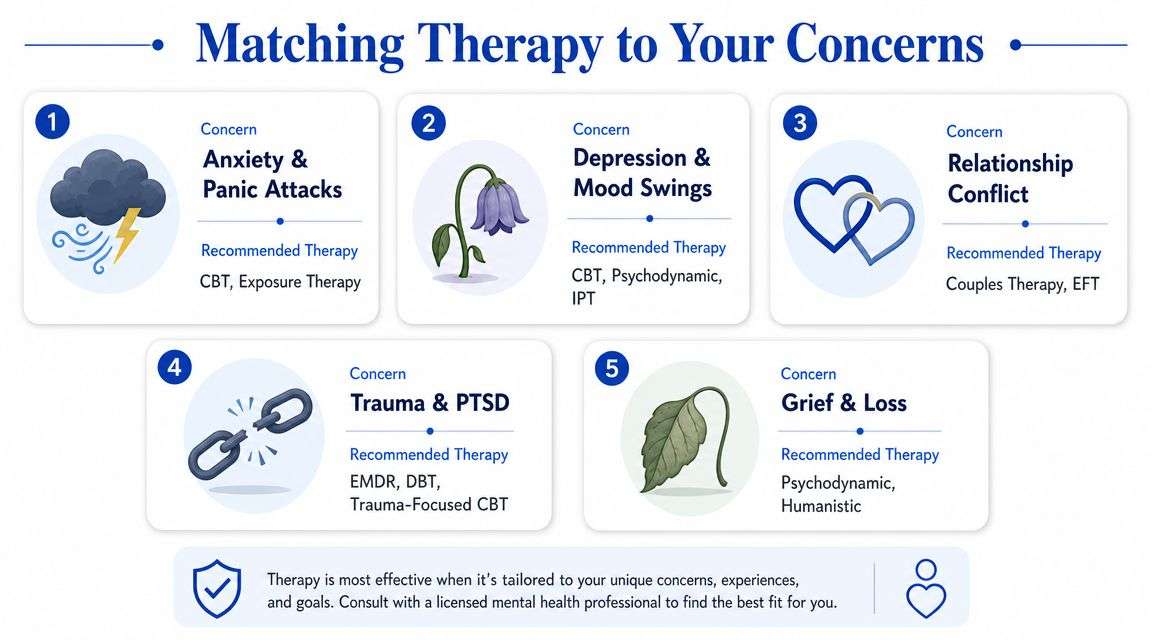 An infographic titled Matching Therapy to Your Concerns, listing recommended therapy types for five mental health challenges.