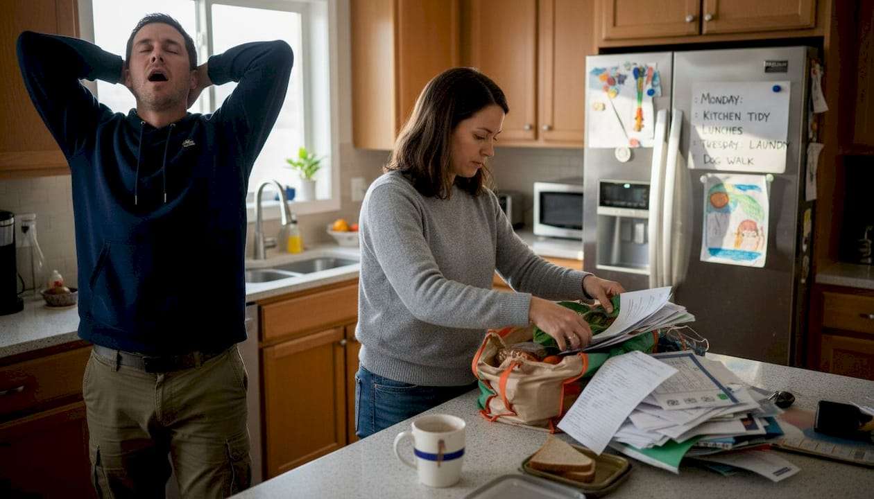 Kitchen scene of couple with reintegration stress