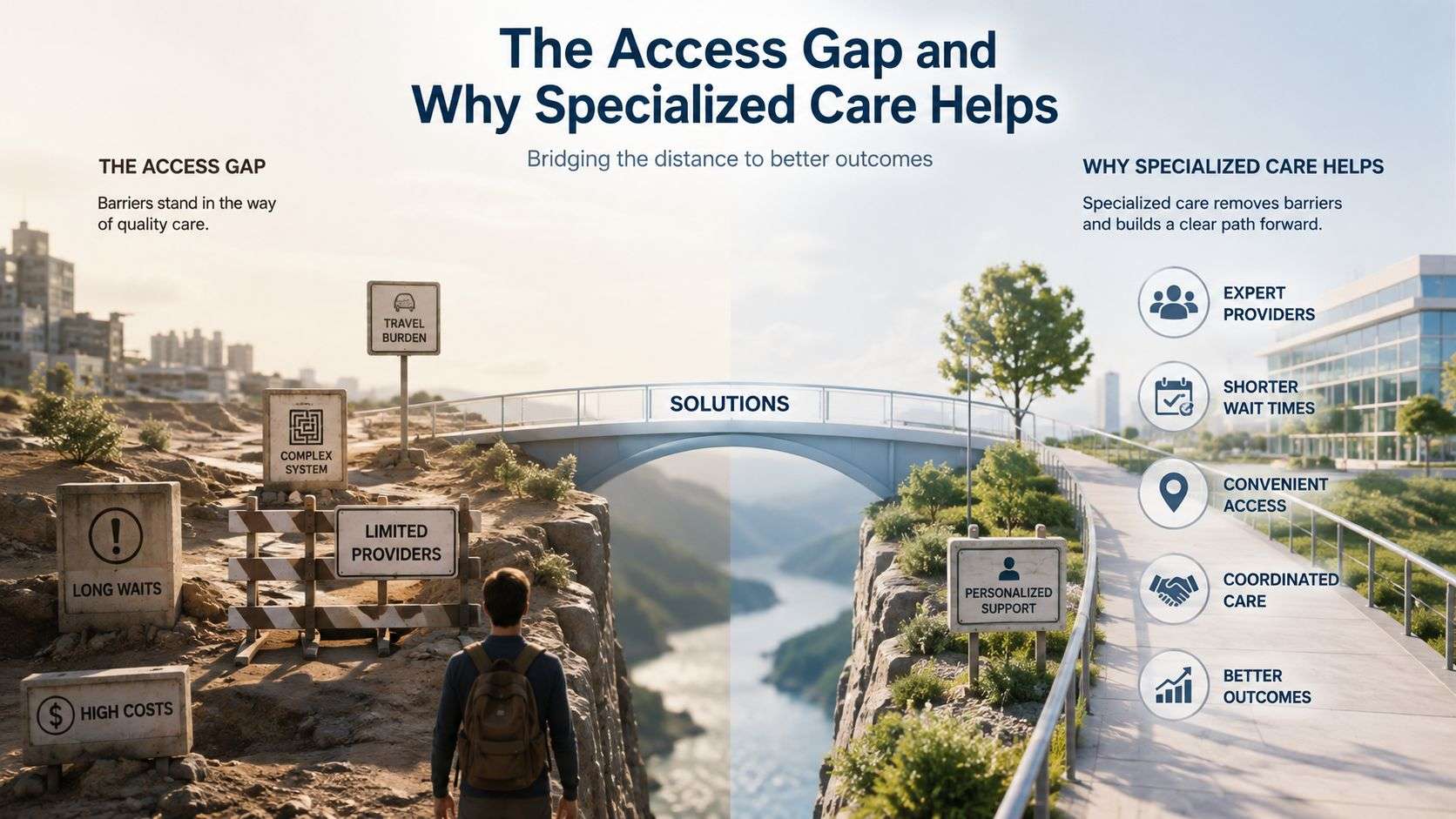 A person standing before a bridge representing the transition from medical barriers to specialized care solutions.