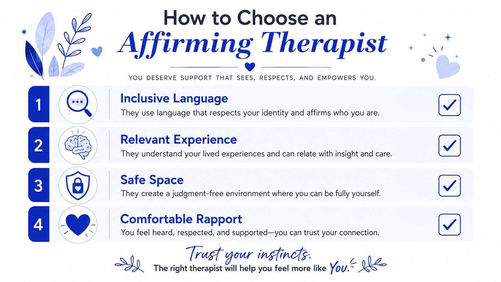 An infographic showing four steps to finding an affirming therapist, focusing on inclusivity, experience, safety, and rapport.