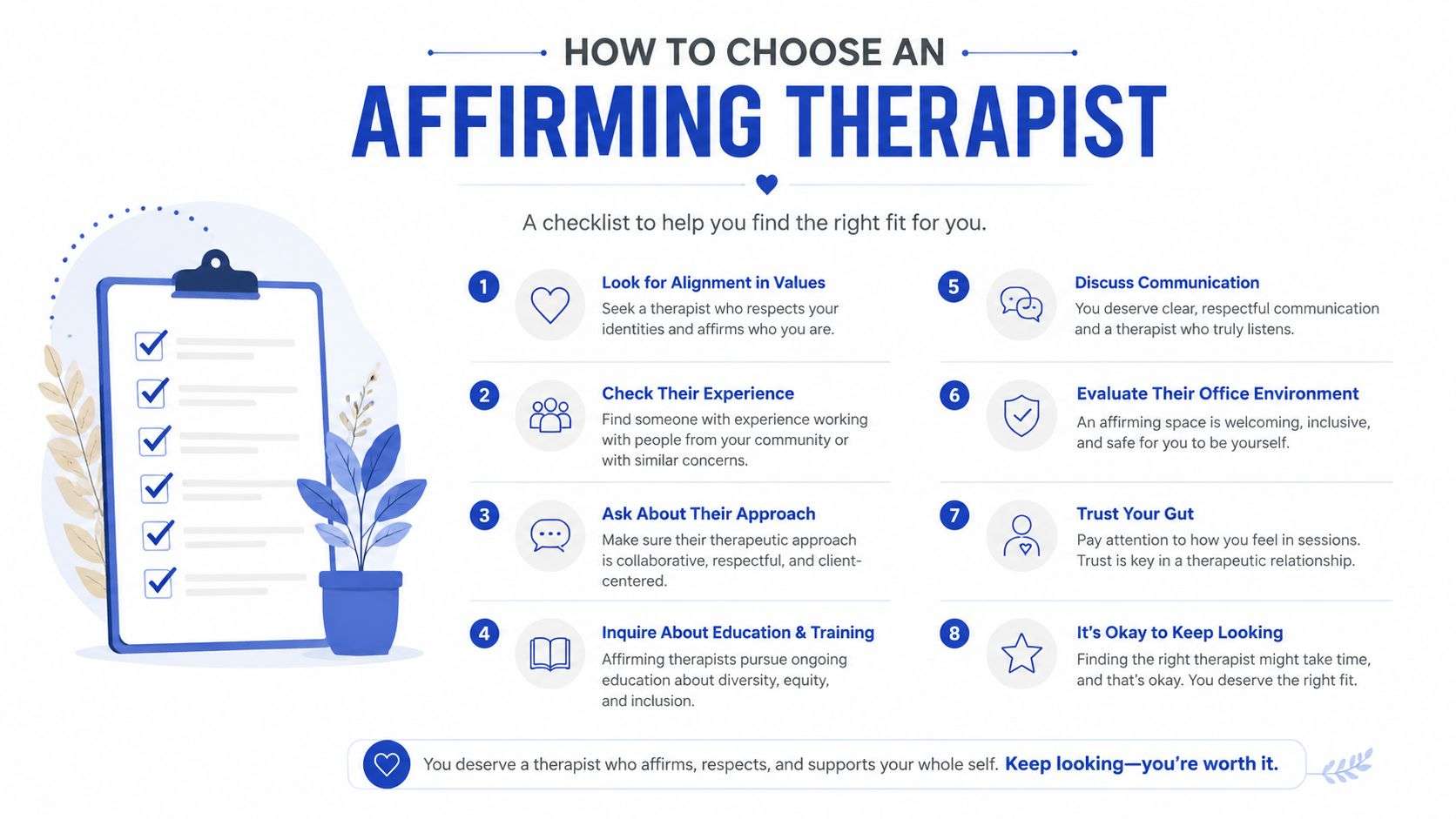 A checklist infographic titled How to Choose an Affirming Therapist, listing eight steps to find support.