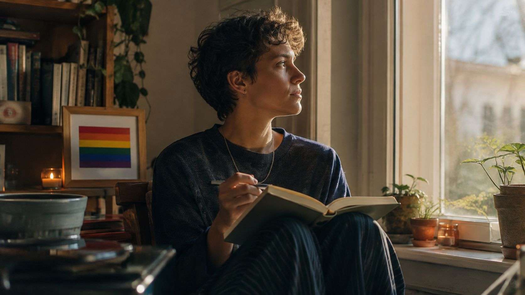 A person with short hair sitting by a window, writing in a journal near LGBTQ pride art.