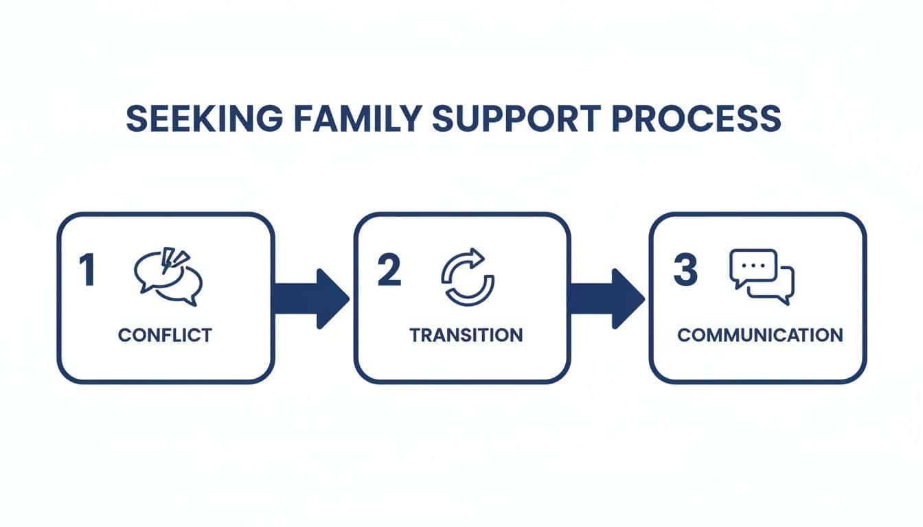 A three-step process diagram: Conflict, Transition, Communication, illustrating the family support journey.