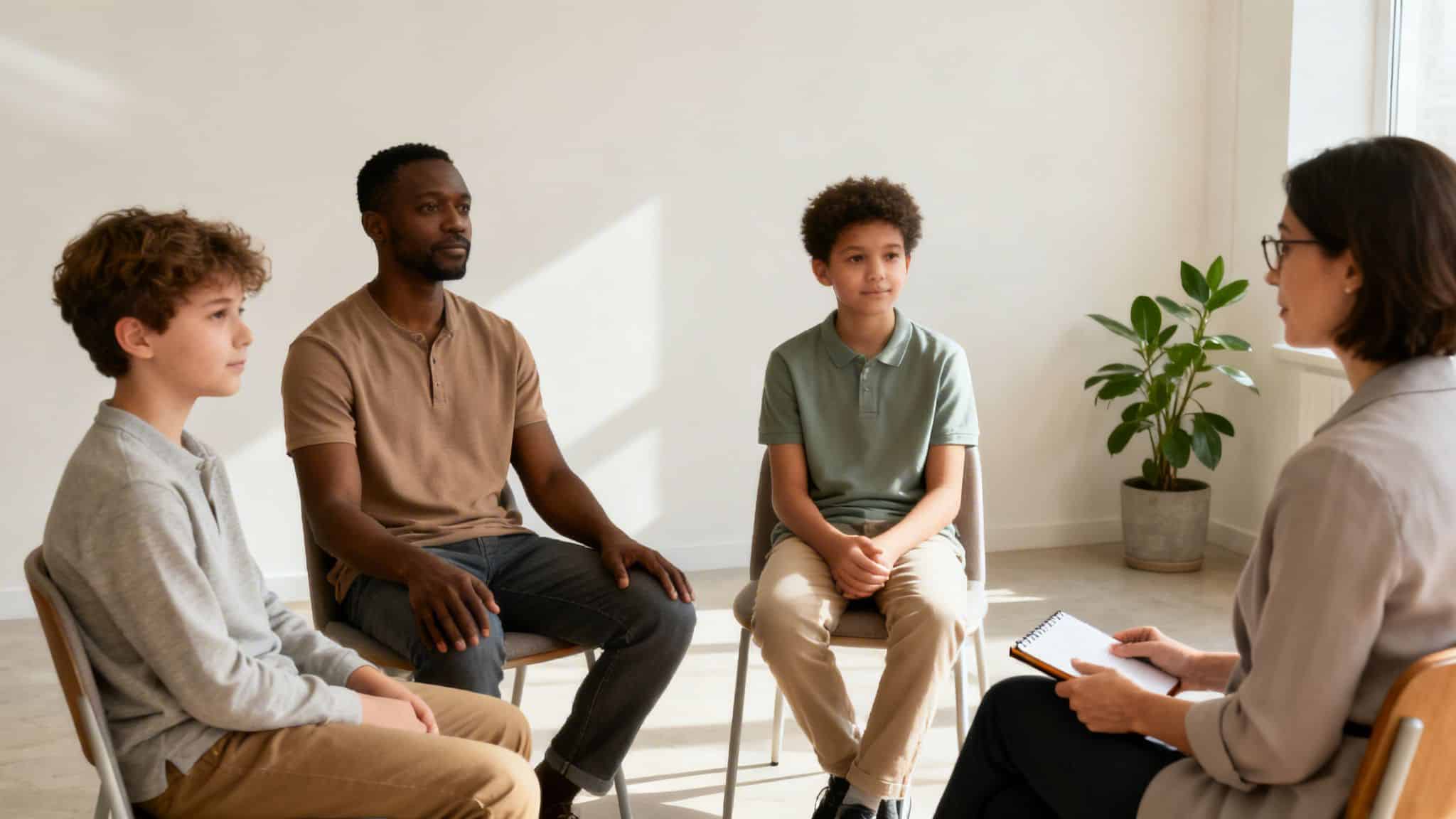 A female therapist counsels a diverse family with a father and two sons in a bright room.