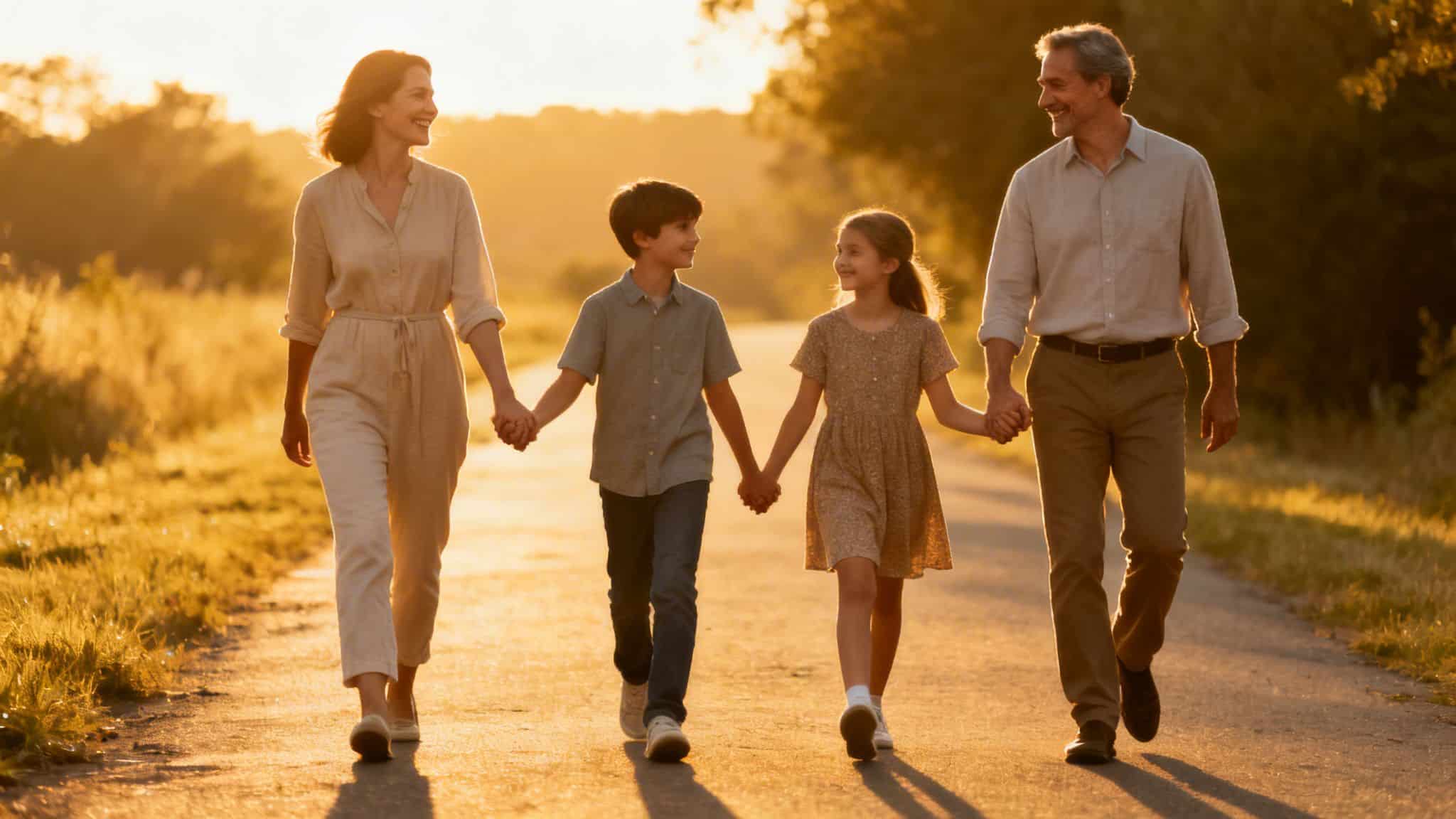 A smiling family, parents and children, walk hand-in-hand on a path during sunset.