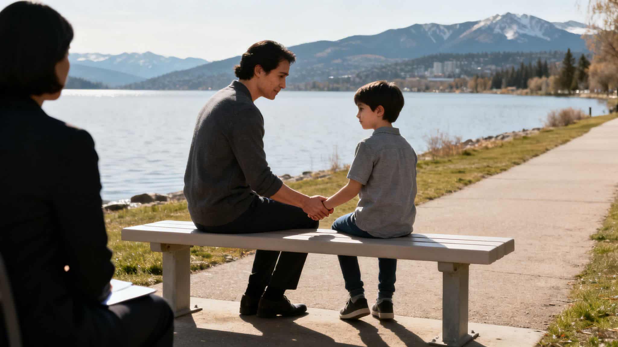 A therapist observes a man and a young boy holding hands on a bench by a lake with mountains.