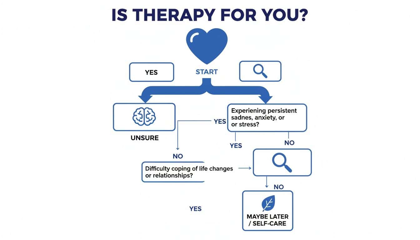 A flowchart titled 'Is Therapy For You?' guides users through questions about mental well-being and coping.