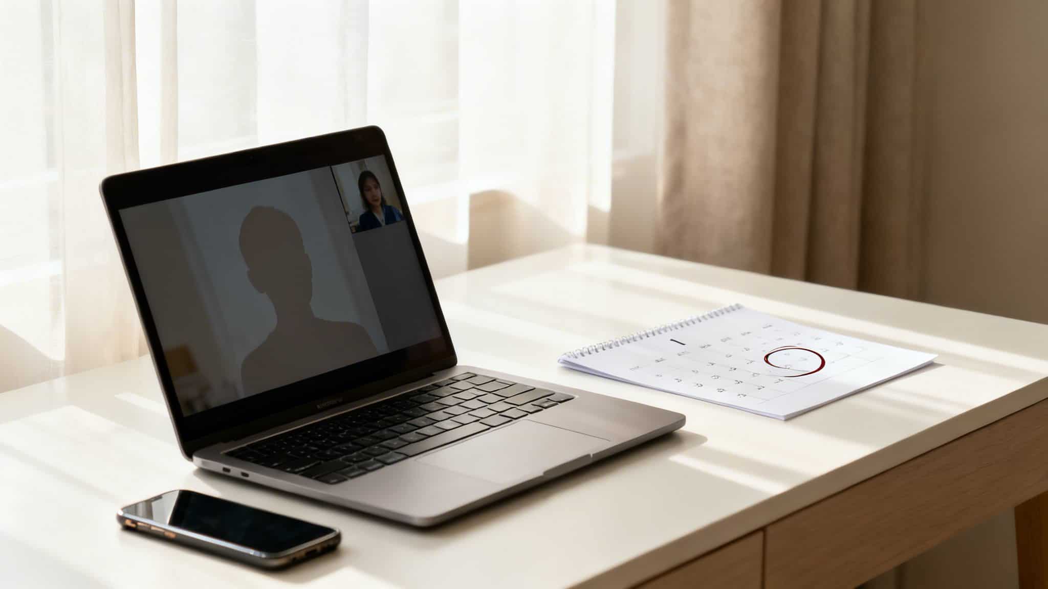 A video call on a laptop, a calendar with a circled date, and a phone on a sunny desk.