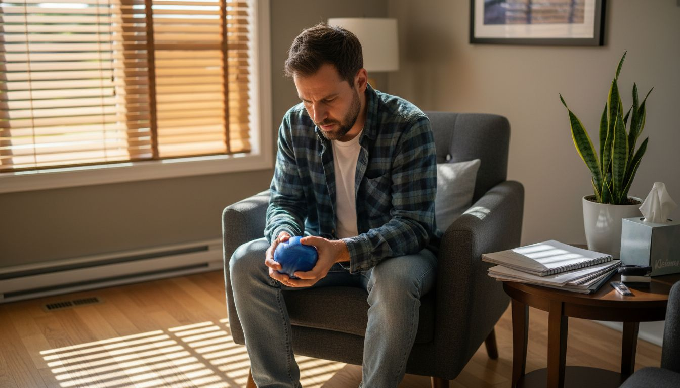 Man discusses anxiety with therapist in office