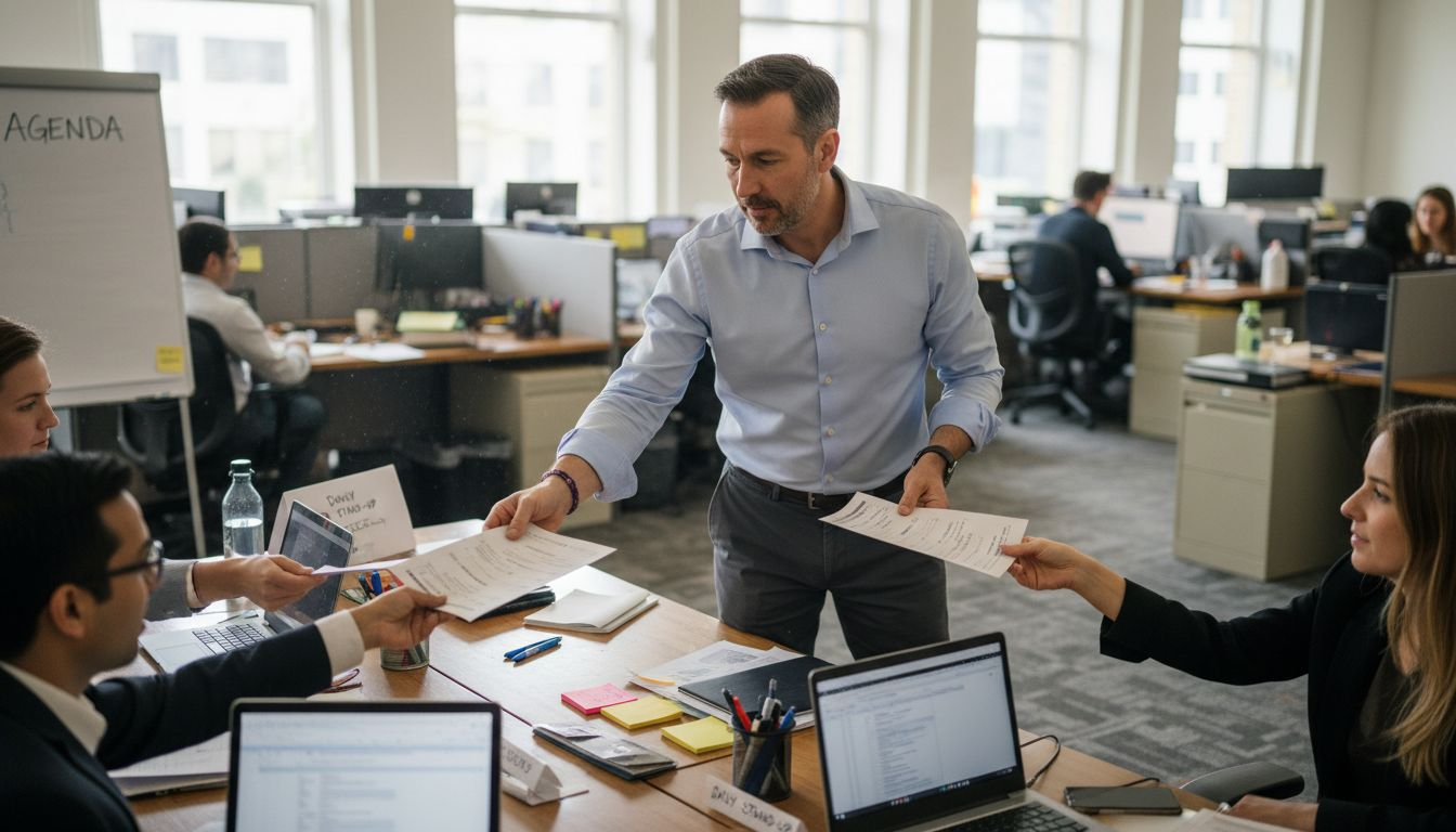 Man distributing papers in office workspace