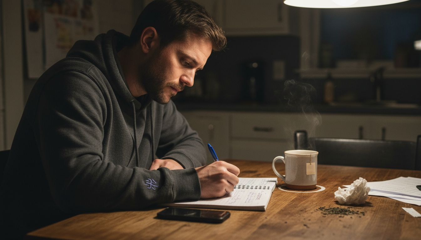 Man journaling emotions at kitchen table