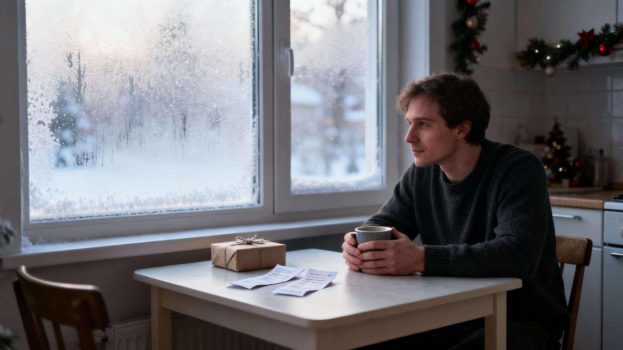 Man looks thoughtfully out a frosted winter window with bills and a gift on the table, reflecting financial stress.