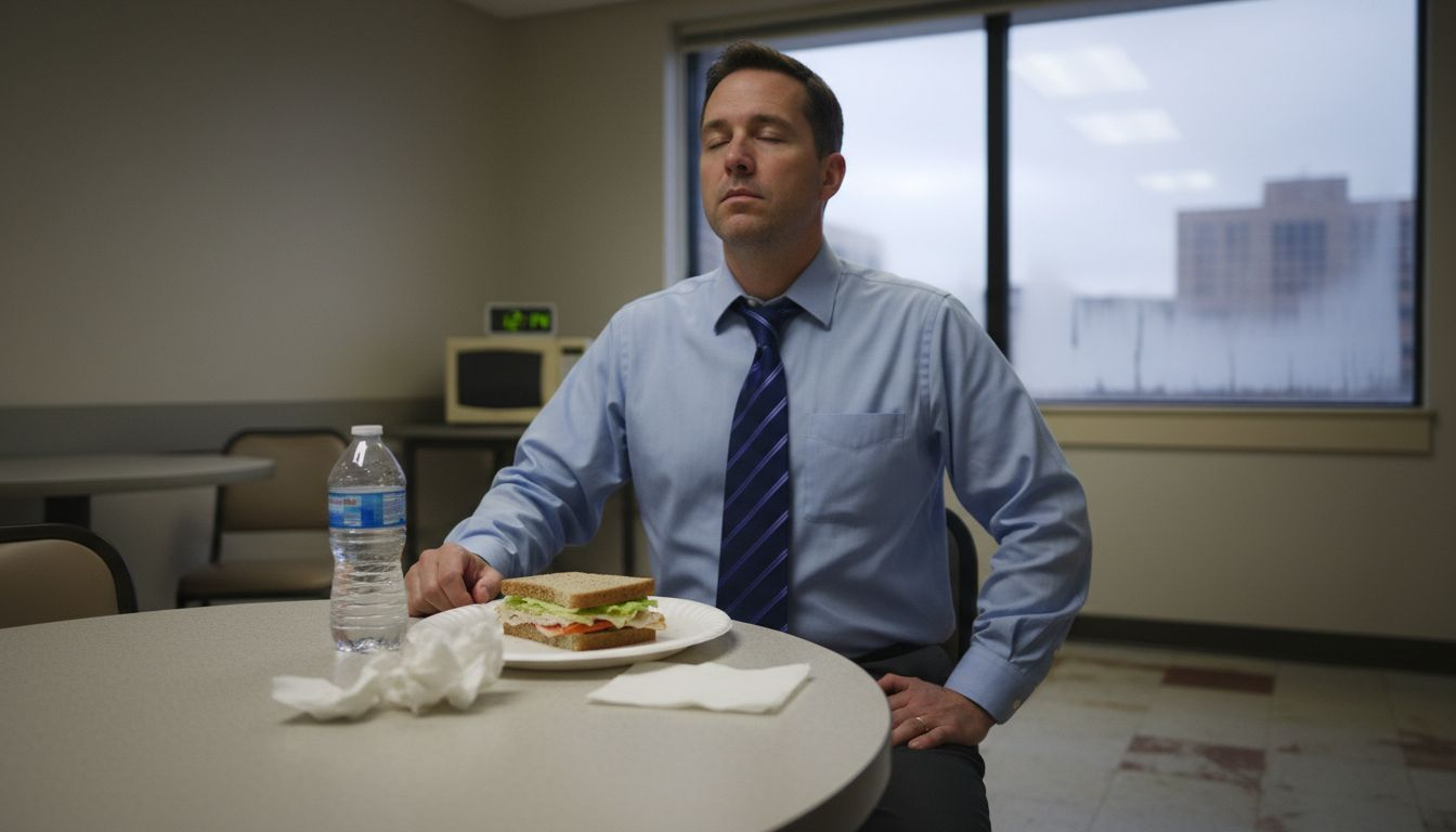 Man pausing for mindfulness in breakroom