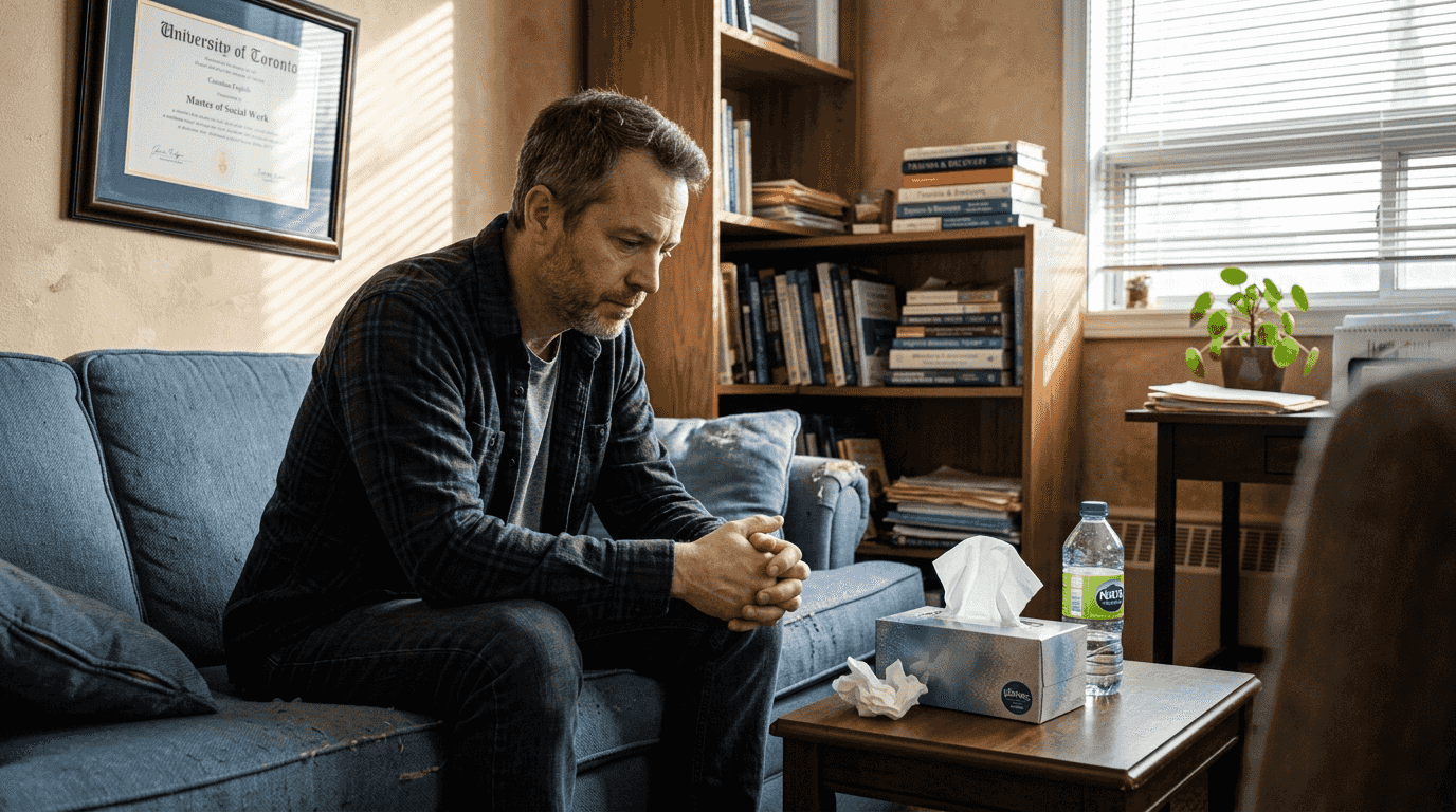 Man reflecting alone in therapist office