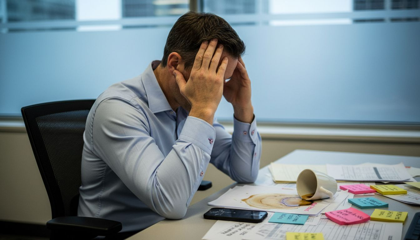 Man showing tension at cluttered office desk