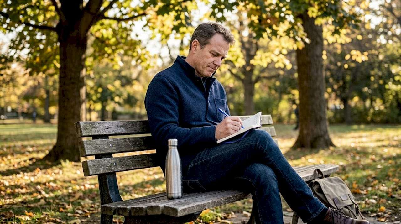 Man writing in notebook on park bench