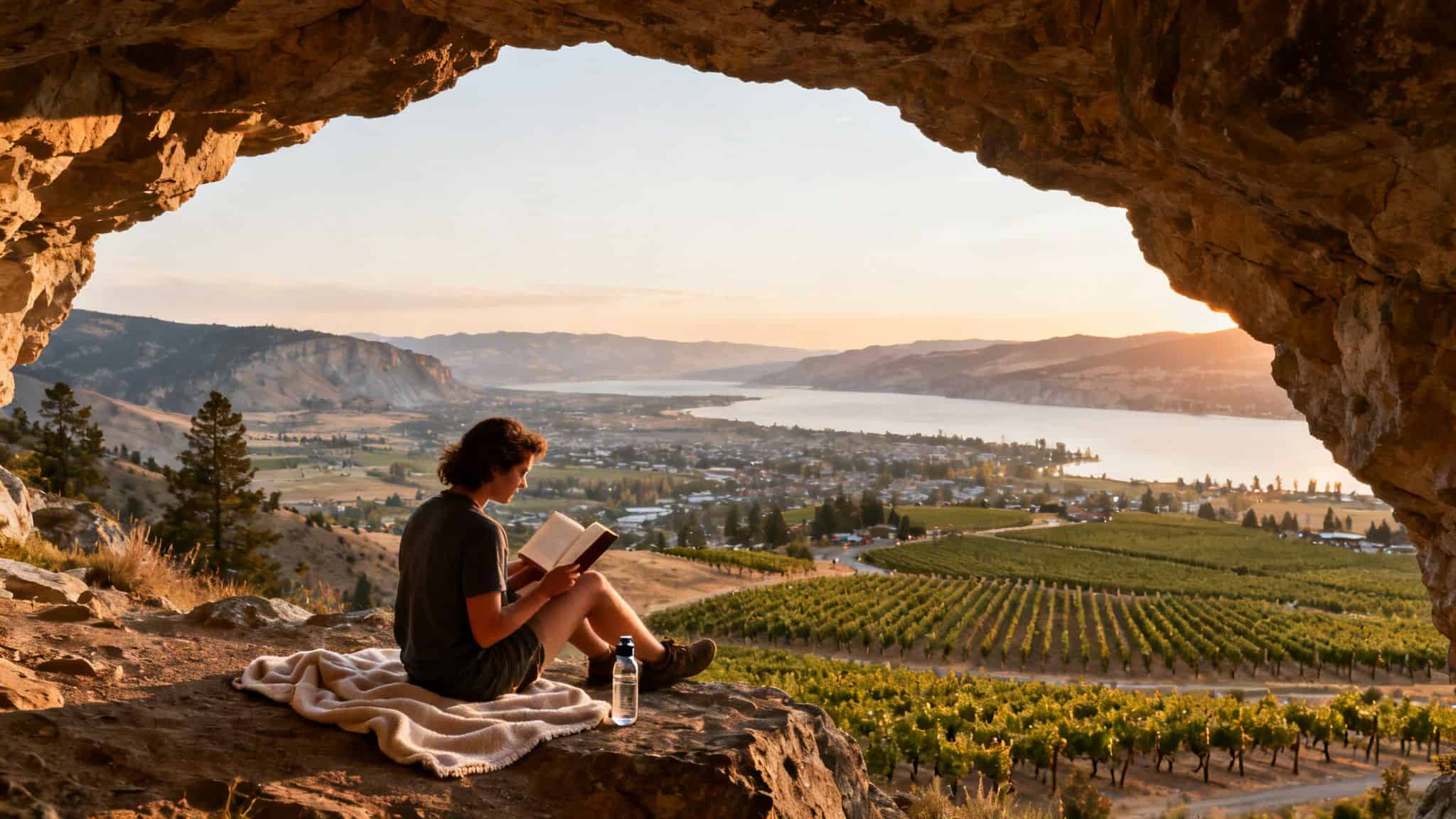 A person reads a book in a cave overlooking a valley with a lake, town, and vineyards at sunset.