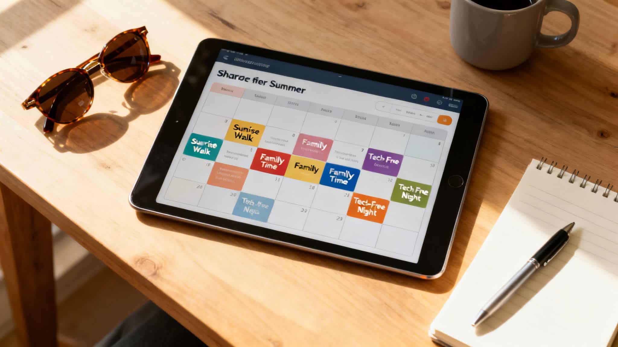 A tablet on a wooden table displays a summer calendar, next to sunglasses, a coffee mug, and a notebook.