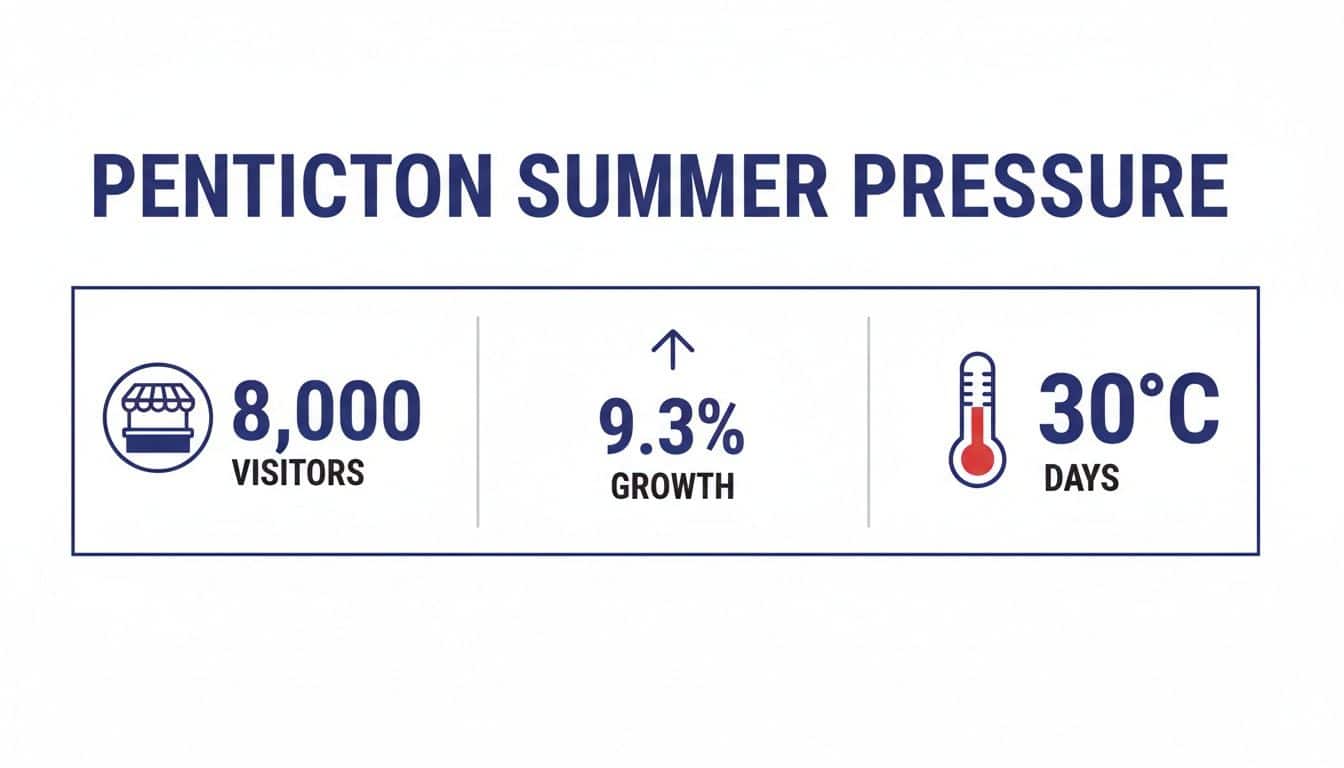 Infographic illustrating Penticton's summer pressure with visitor numbers, growth percentage, and hot days.
