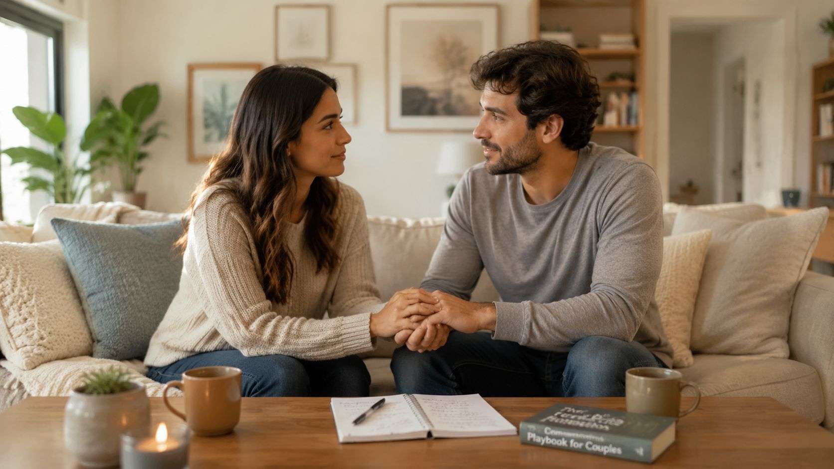 A couple sitting on a sofa holding hands while looking at each other during a counseling session.