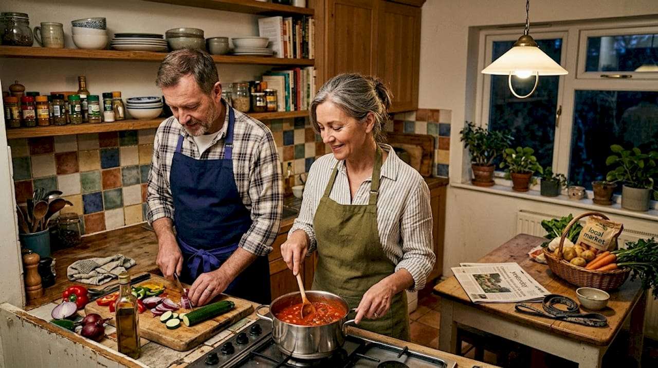 Married couple cooking together at home kitchen