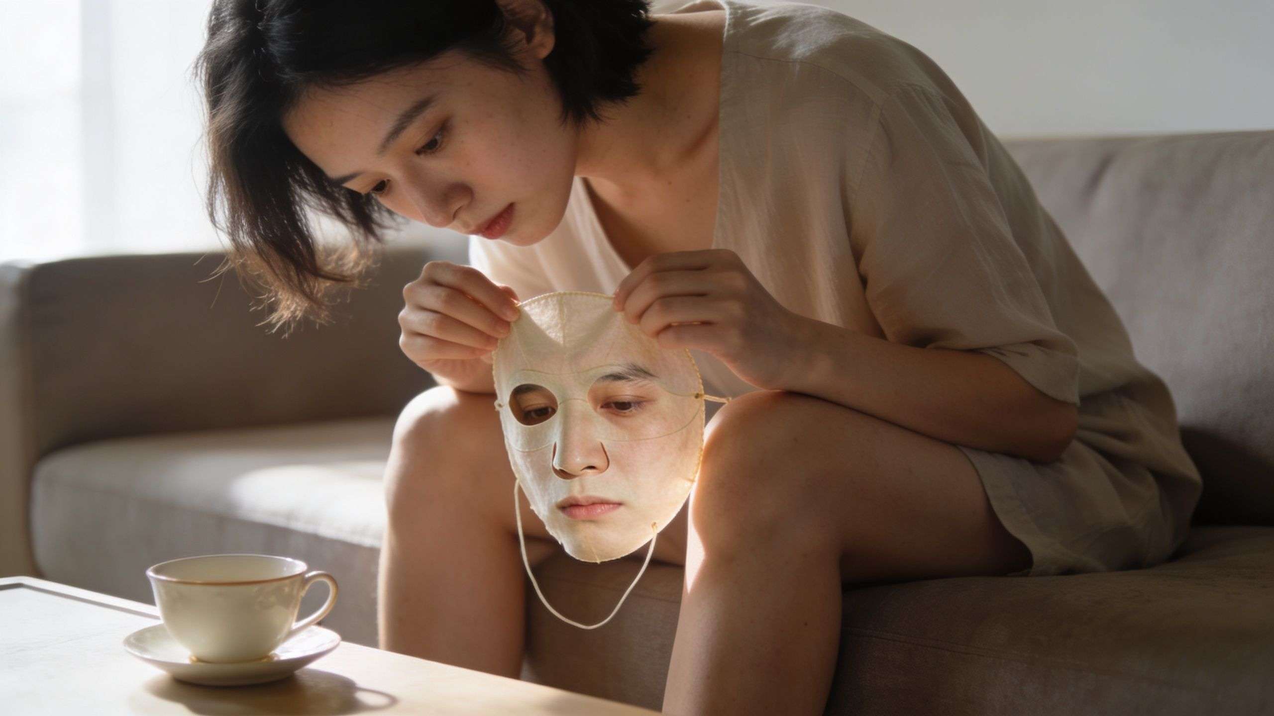 A thoughtful woman sitting on a couch, holding a face mask that depicts a man's face.