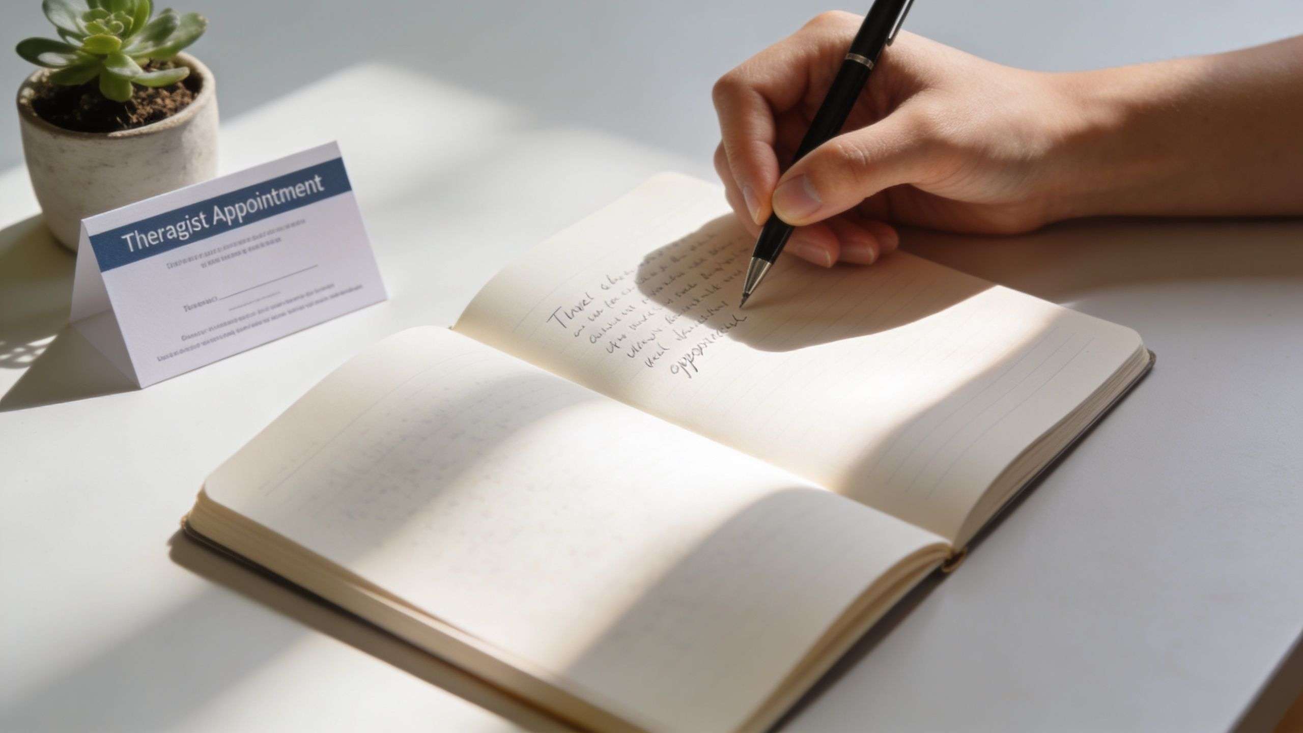 A person writing in a notebook near a small succulent plant and a therapist appointment card.