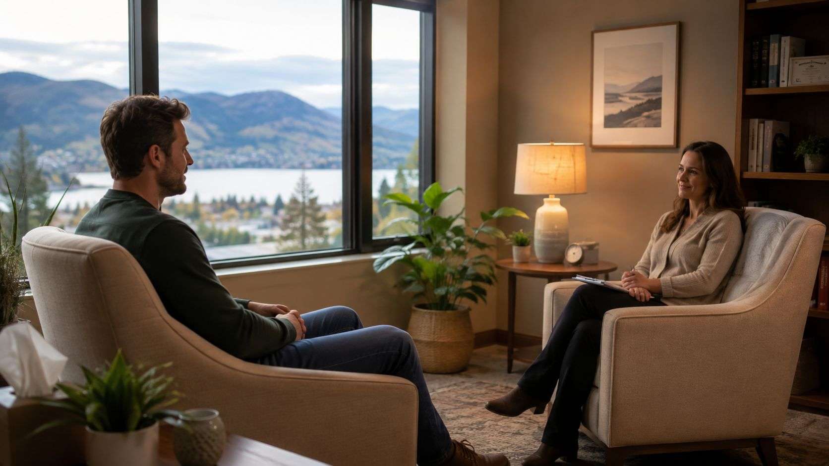 A professional therapist listens to her male client during a counseling session in a bright office.