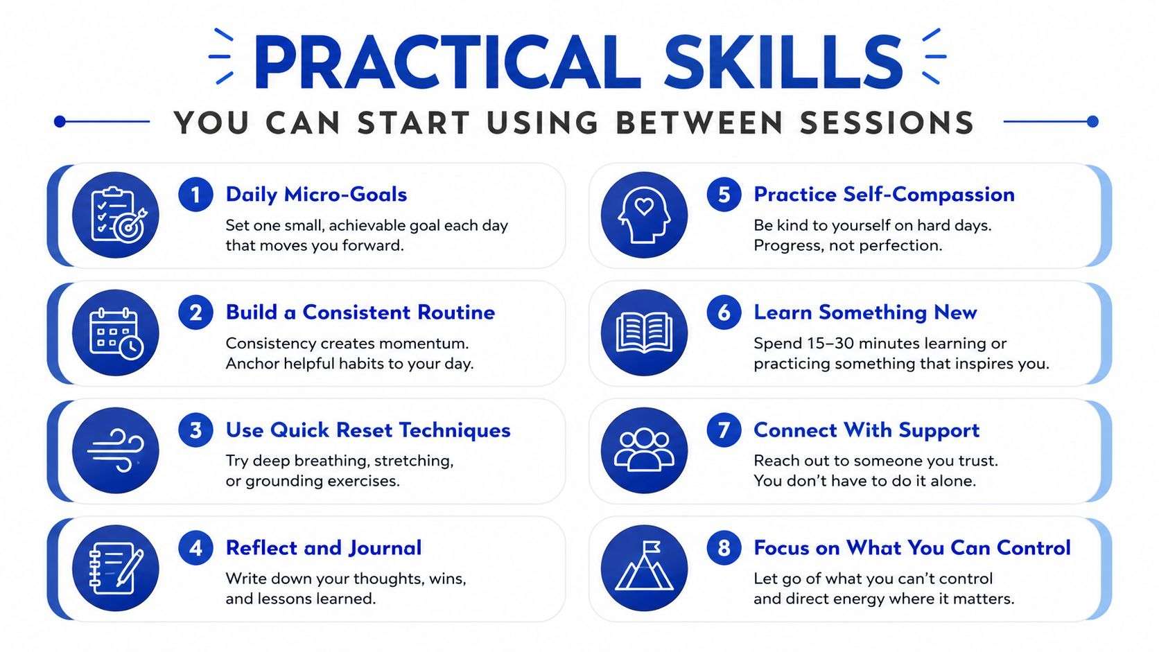 An infographic listing eight practical skills for personal growth and mental well-being between therapy sessions.