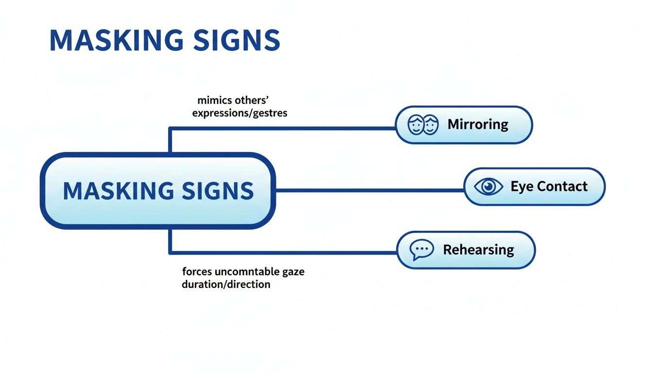 Mind map illustrating masking signs: Mirroring (mimics others' expressions), Eye Contact, and Rehearsing (forces uncomfortable gaze).