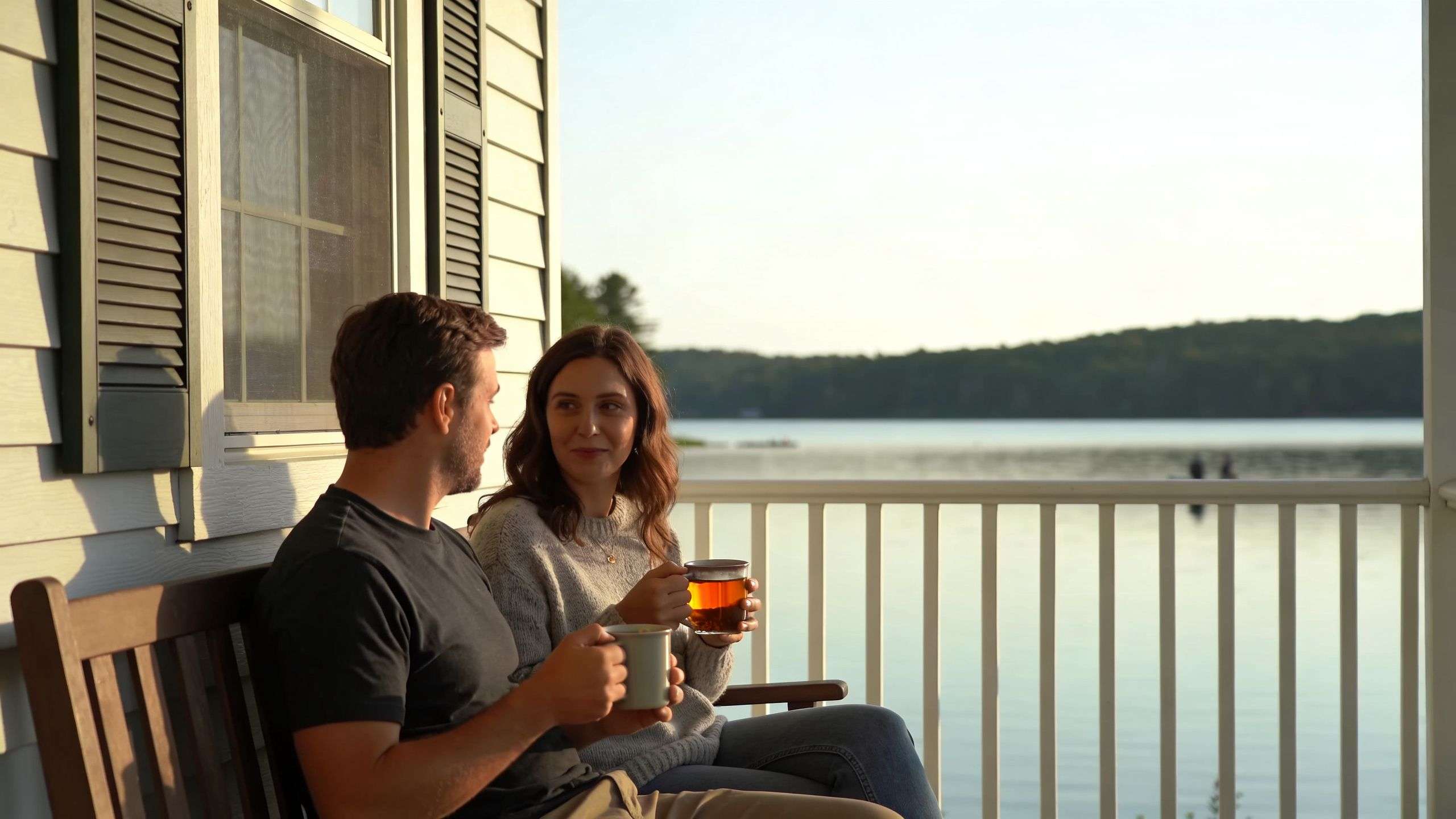 A happy couple sitting on a porch by the lake, talking and holding mugs of tea.