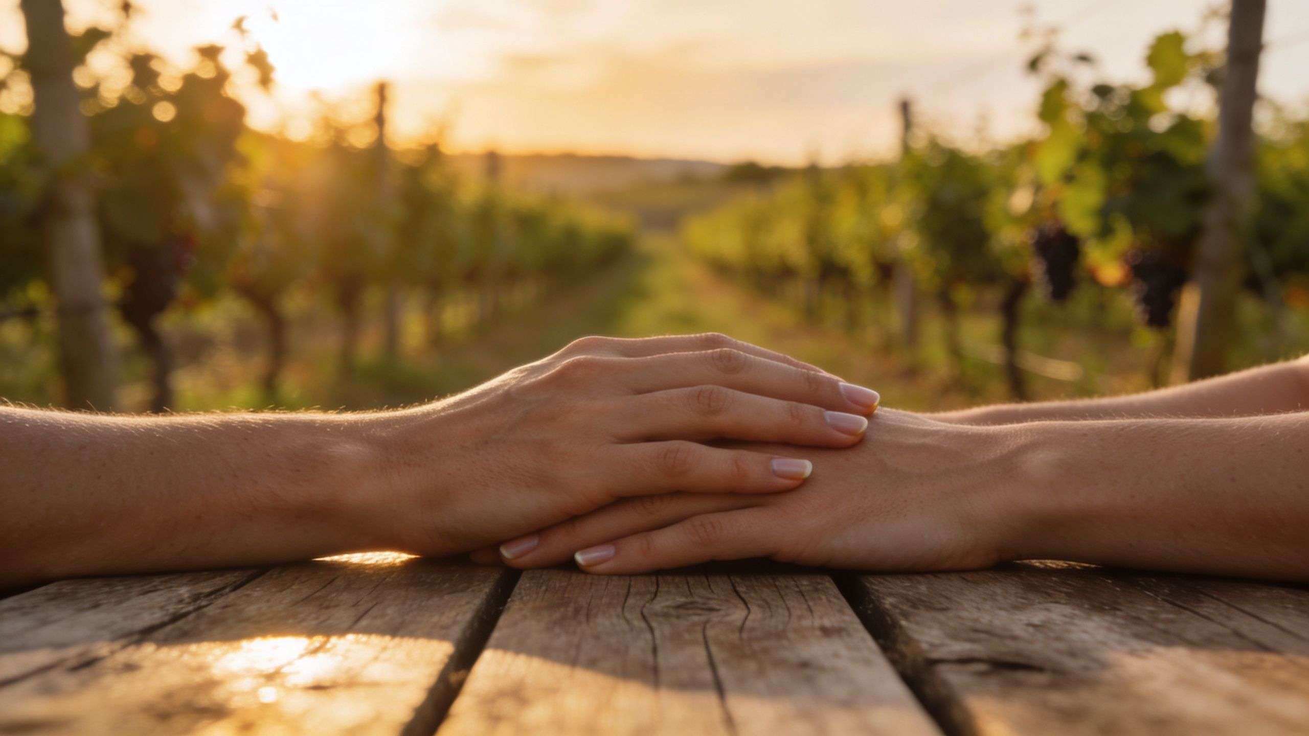 A close-up shot of two people holding hands on a wooden table overlooking a scenic vineyard.