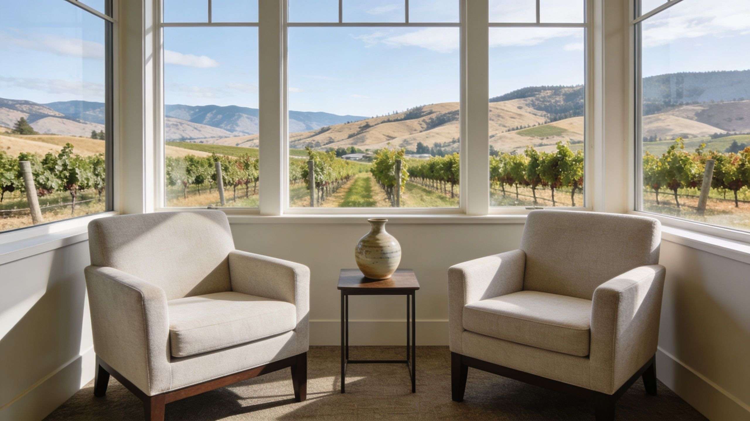 Two comfortable armchairs facing a large window overlooking a scenic vineyard and rolling hills in Naramata.