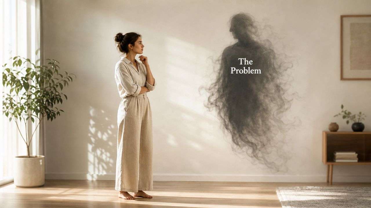 A pensive woman in a neutral room staring at a ghostly, smoky figure representing her personal problem.