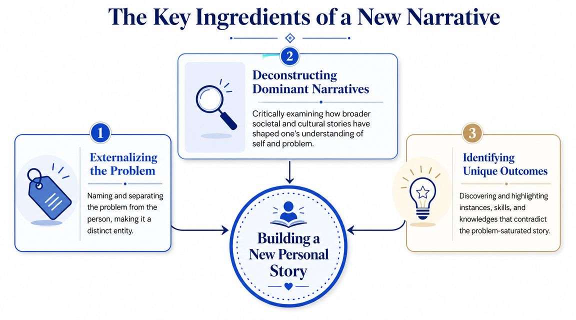 An infographic titled The Key Ingredients of a New Narrative detailing three steps for narrative therapy.