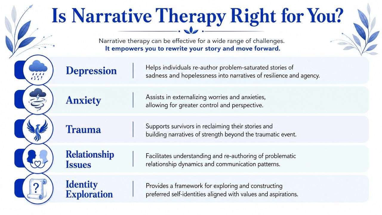 An infographic titled Is Narrative Therapy Right for You outlining five key benefits for mental health.