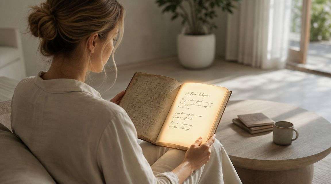 A woman sits on a sofa, peacefully reading an glowing, inspirational book in a serene, sunlit living room.