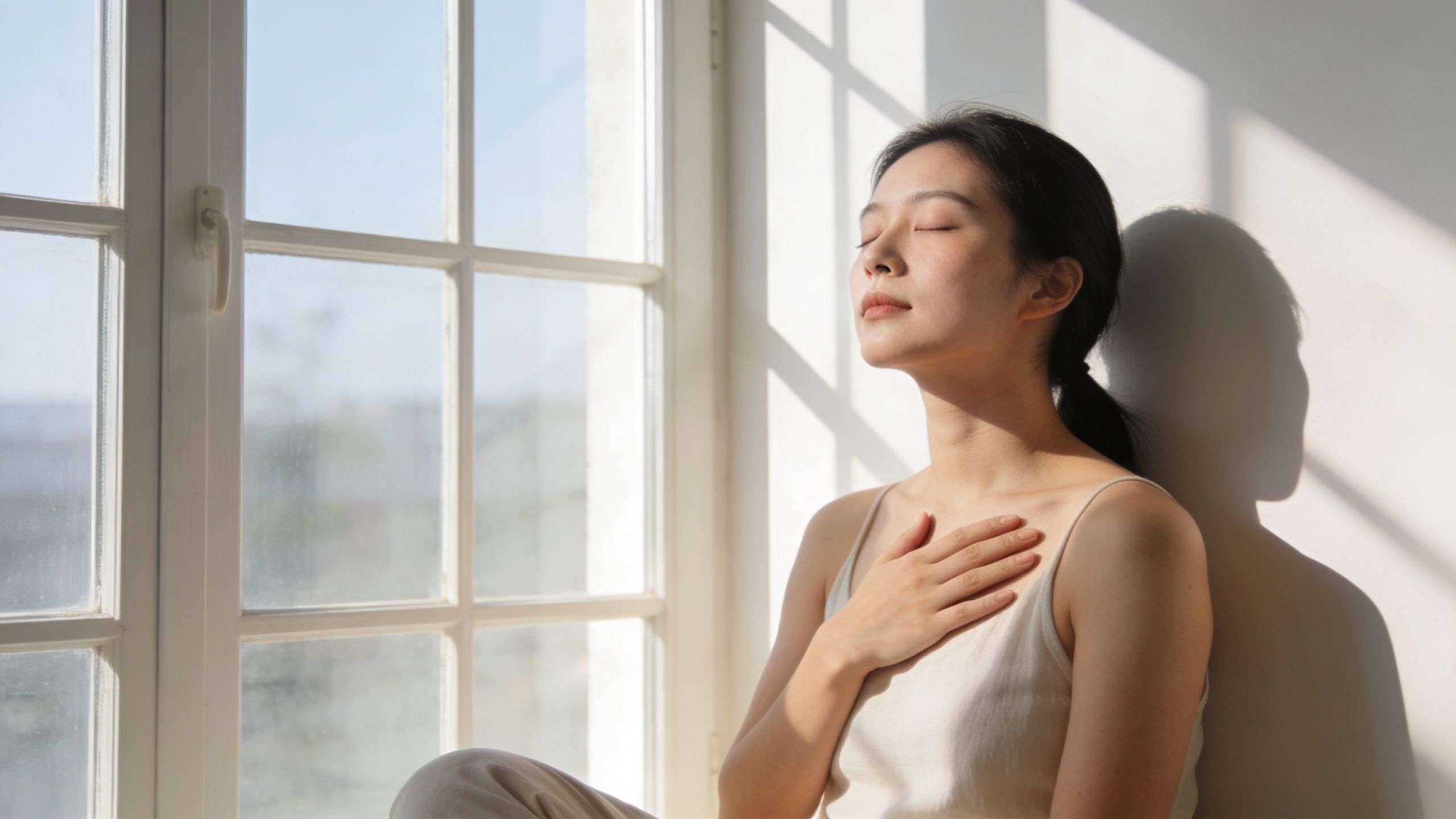 A young woman sitting by a window, practicing mindful breathing with her hand placed gently on her chest.