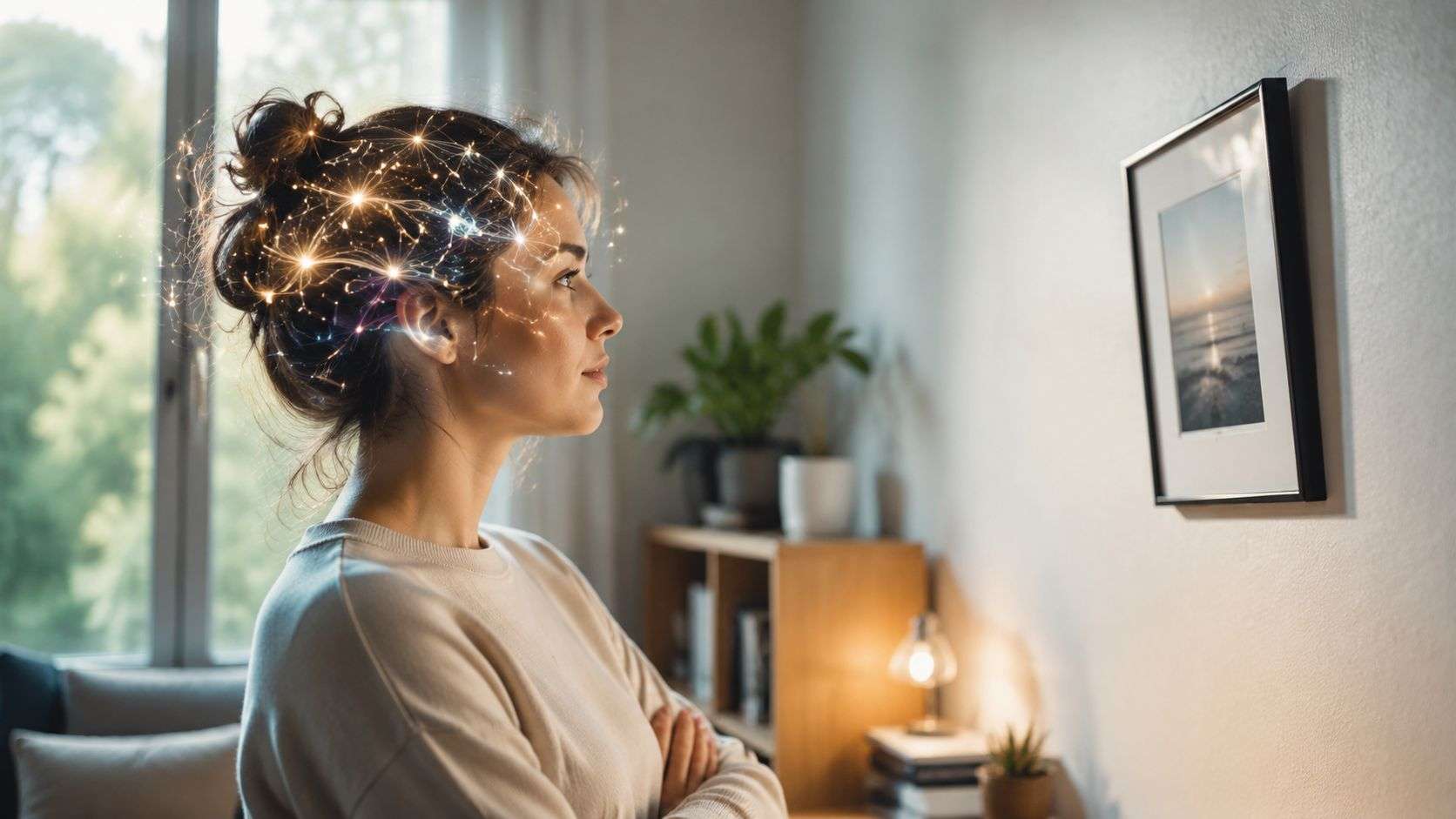 A woman observing a framed beach picture with a glowing digital neural network effect around her head.